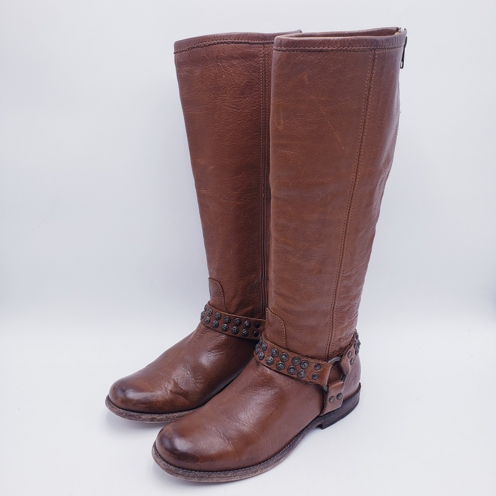 Frye Phillip Studded Harness Tall Boots Brown Leather Back‎ Zip Womens Size 8